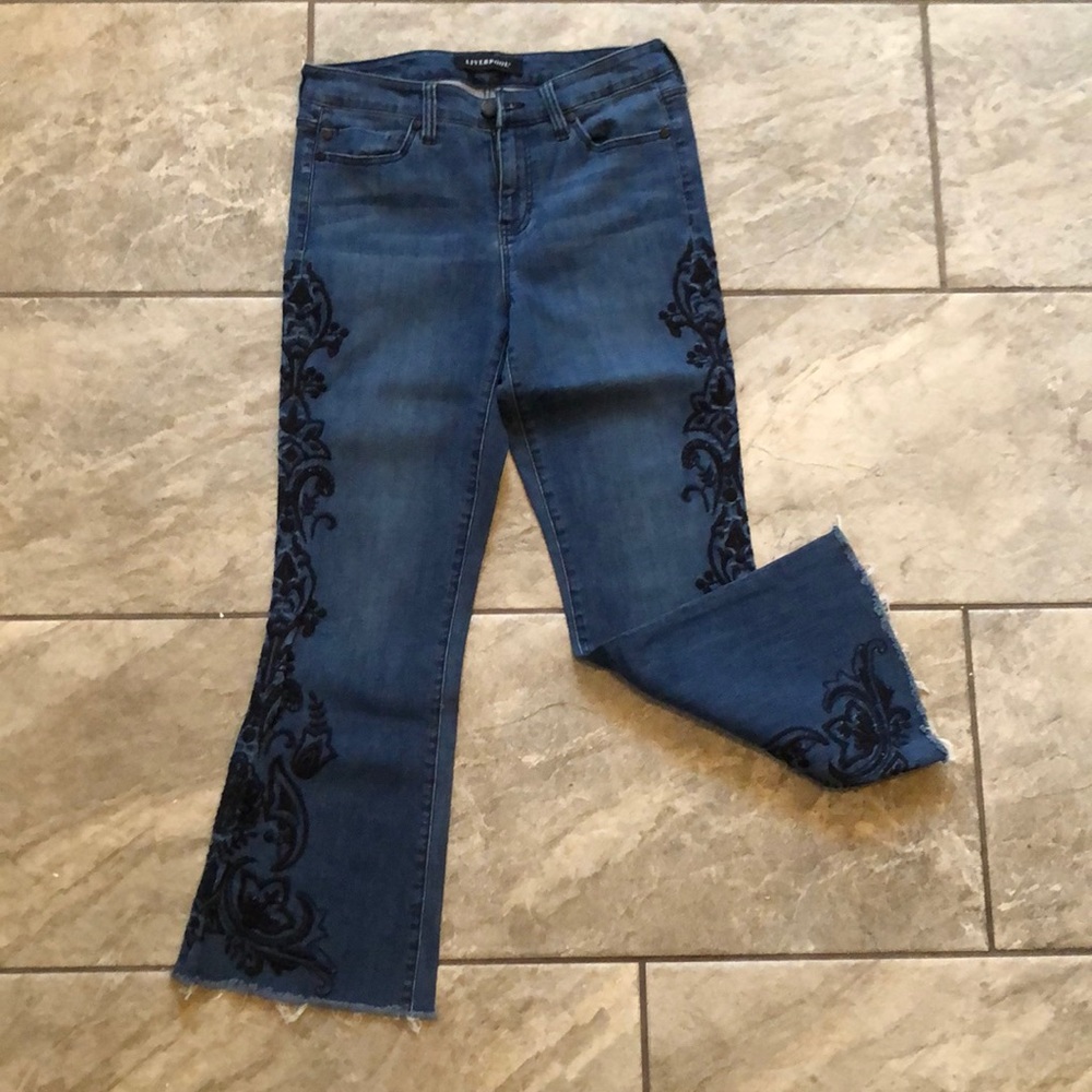 LIVERPOOL JEANS CO. embroidered flare crop Jean